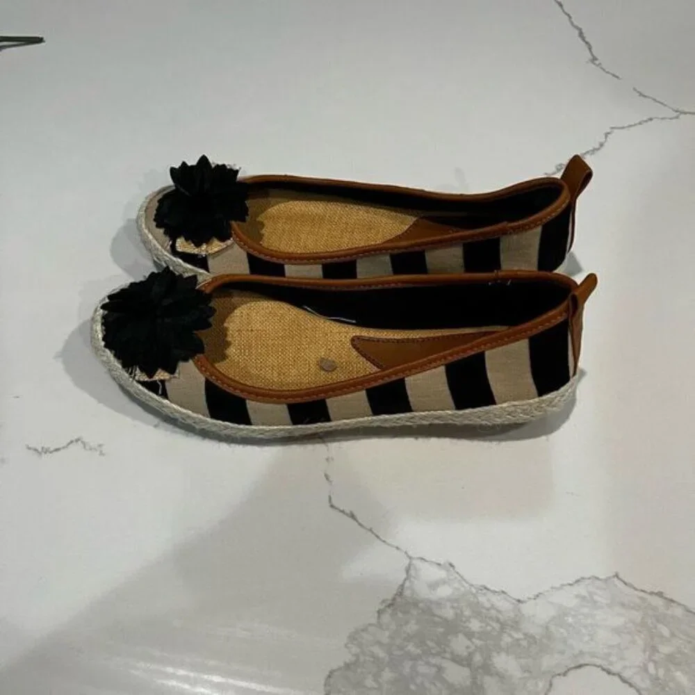 Kim Rogers Black and White Espadrilles with Striped Pattern Size 7.5